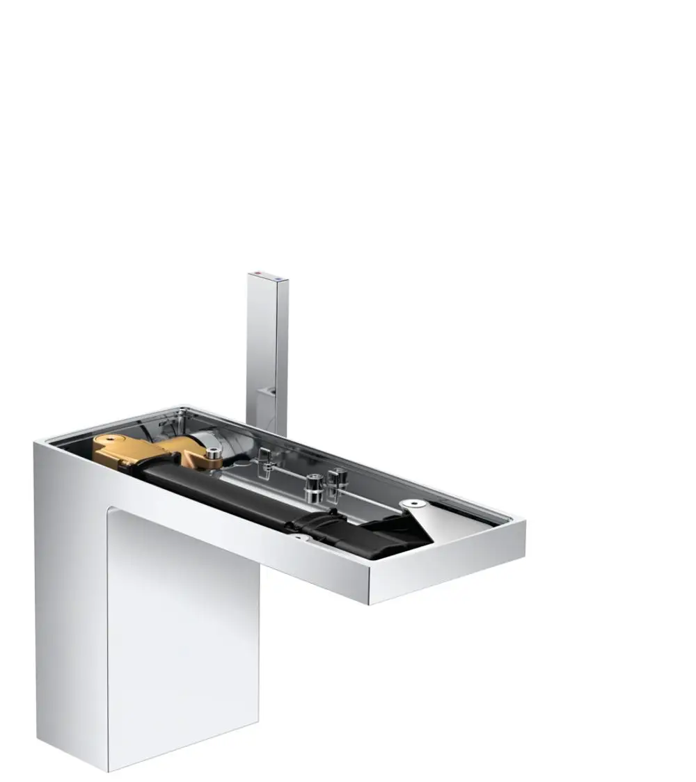 Ein AXOR Waschtischmischer in Chrom-Finish mit einem modernen, flachen Design. Sichtbare Mechanik und eine Push-Open Ablaufgarnitur.